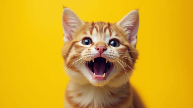 A cute orange kitten is happily meowing with a wide-open mouth, its bright blue eyes shining with mischief. The cheerful yellow background enhances its playful vibe, creating a warm atmosphere.