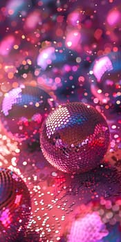 A collection of magenta Christmas balls arranged on a table, resembling a closeup of a terrestrial plant with vibrant petals. The artistic display evokes a sense of moisture and festive event