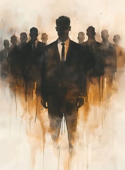 An artist in formal wear is standing in front of a crowd, making a gesture towards his painting. The event is filled with fun and excitement as he showcases his art