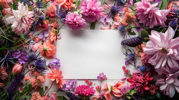 A pink lei encircles a white card placed amidst the vibrant flowers, showcasing a beautiful display of creative arts within the garden