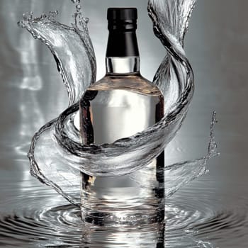 Bottle of liquor is standing in a pool of water with a splash of water swirling around it. The bottle has a blank label for adding your own brand or message