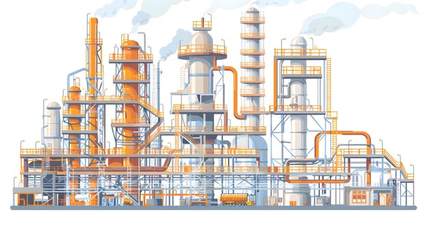 Detailed illustration of an industrial plant with machinery and pipelines