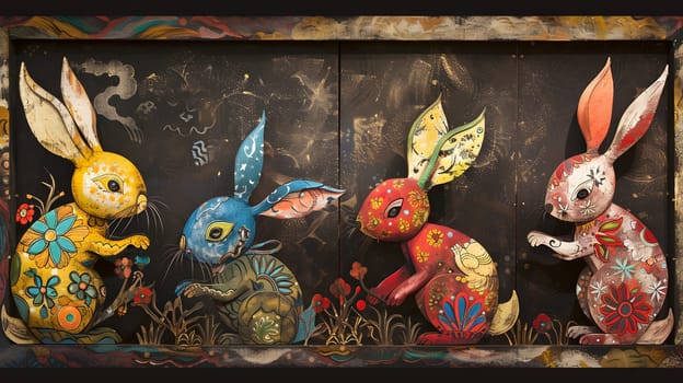 Whimsical bunnies adorned with vibrant patterns in enchanted floral backdrop.