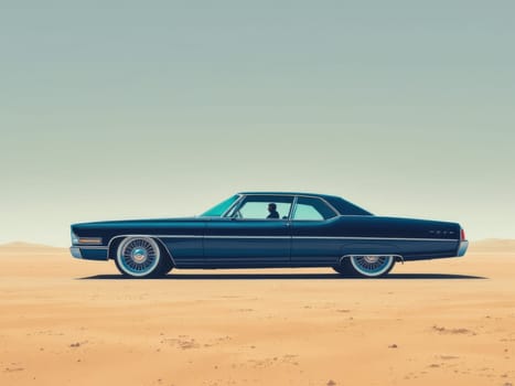 Classic car cruising through a vast sandy desert landscape, embodying the spirit of adventure and freedom under a bright blue sky. Ai generated