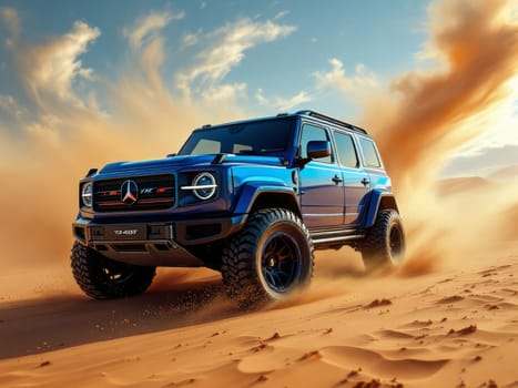 Blue Mercedes-Benz G-Class SUV tackling challenging terrain, kicking up a cloud of dust against a vibrant sunset sky. Ai generated