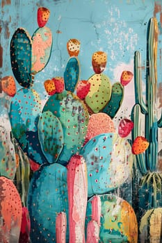 Vibrant cactus art featuring colorful desert plants in a unique painting style