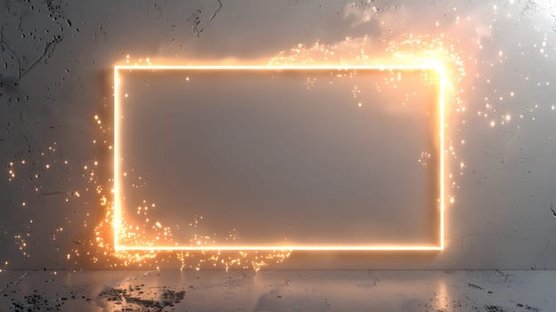 An Amber rectangle neon sign is emitting light in the dark room. Fueled by gas and electricity, it displays tints and shades, creating a unique atmosphere in the darkness