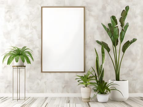 An interior design featuring a room with houseplants in flowerpots, a picture frame hanging on a wall. The wooden floor complements the terrestrial plants