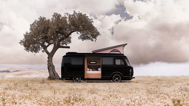 Sleek black camper van is parked in a field, its door open to reveal a cozy interior, inviting you to experience the freedom of the open road