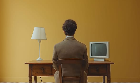 A man works on a computer, rear view. Selective focus.
