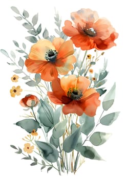 An illustration of a bouquet featuring orange flowers and green leaves painted on a white background, showcasing creativity in botanical art