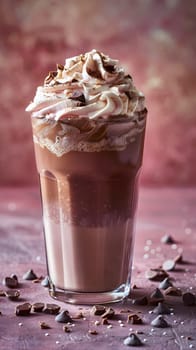A comforting drink made with liquid chocolate topped with whipped cream and chocolate chips, served in a tableware suitable for hot beverages, perfect for a cozy evening