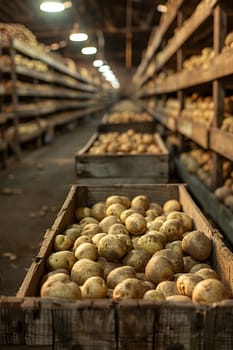 The warehouse is stocked with crates of potatoes, a staple food and natural ingredient used for mass production in the food market