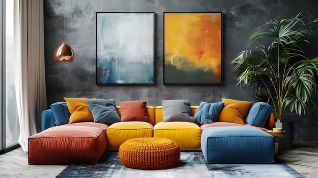A vibrant living room in a building with a colorful couch, ottoman, and paintings on the wall. The interior design adds comfort and style to the house