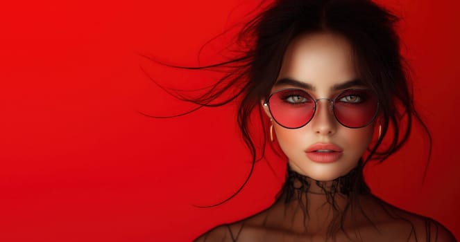 A young woman in glasses a red background. Selective focus.