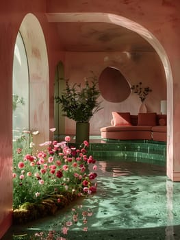 A cozy living room with a comfortable couch, beautiful flowers, and a large window overlooking a swimming pool. The interior design features plants and brick accents, creating a welcoming atmosphere