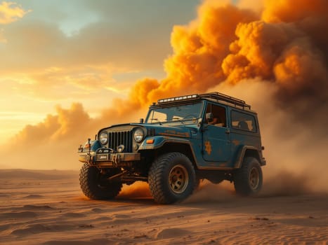 Blue jeep racing through the desert, battling a fierce sandstorm under dramatic orange clouds at sunset, embodying adventure and freedom. Ai generated