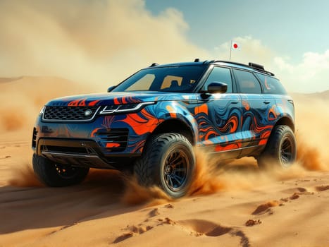 Blue and orange custom Range Rover with japanese flag is raising dust while driving fast in the desert. Ai generated