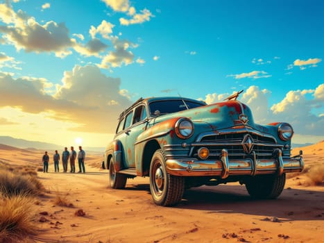 Four mechanics discussing next to their vintage car, in a desert road at sunset, during a road trip. Ai generated