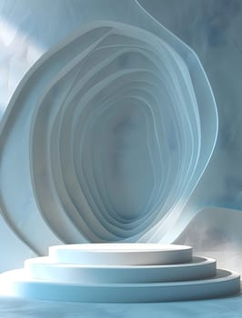 A 3D rendering of a podium with a water resources inspired design, featuring liquidlike patterns, fluid shapes, and a backdrop of a serene blue sky