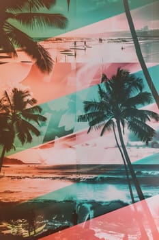 Vibrant colors of a tropical sunset with palm trees make an artistic beach scene
