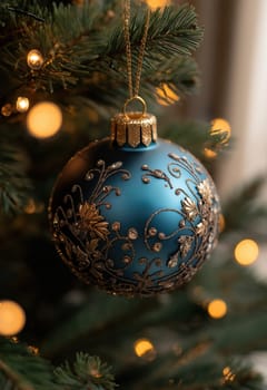 Christmas tree ball hanging on a branch of a Christmas tree. Selective focus.