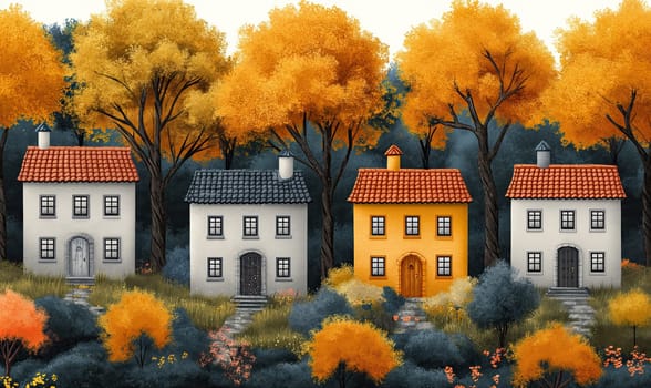 Illustration of houses in an autumn landscape. Selective focus.