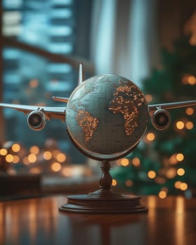 A detailed model of an airplane in the form of a globe, displayed in an interior. Selective focus.