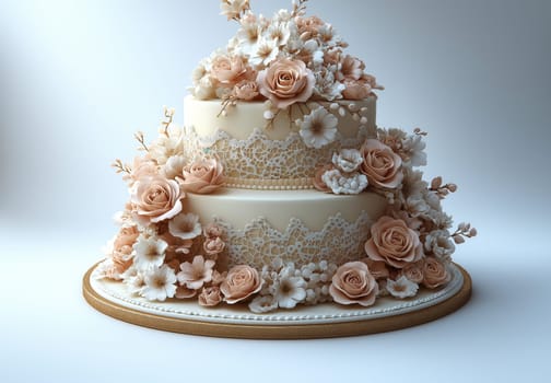 A tiered wedding cake decorated with roses on a light background. Selective focus.