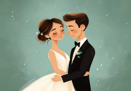 A cartoon illustration of a bride and groom on a blue background. Selective focus.
