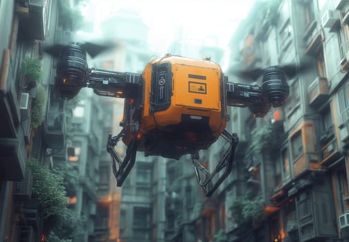 Drone delivers a parcel around the city. Delivery concept. Selective focus.