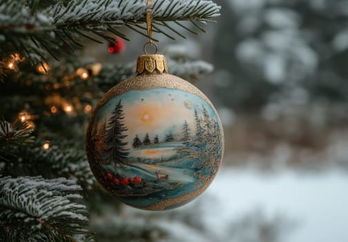 Multicolored Christmas ball with a snow landscape on a Christmas tree. Selective focus.