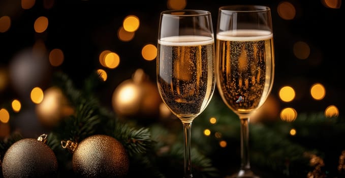Champagne glasses on a celebratory table. Selective focus.