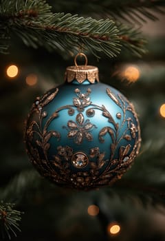Christmas tree ball hanging on a branch of a Christmas tree. Selective focus.