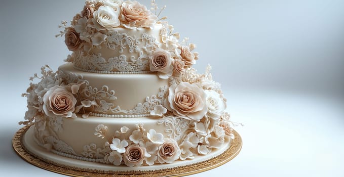 A tiered wedding cake decorated with roses on a light background. Selective focus.