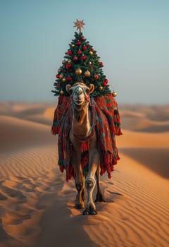 A camel in the desert delivering a Christmas tree. Selective focus.