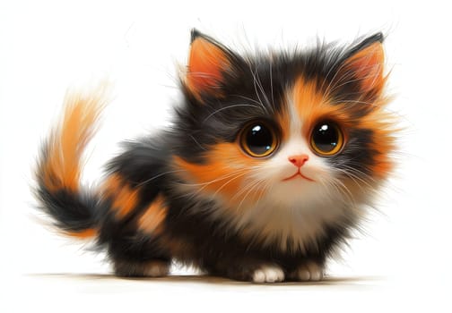 Cartoon tricolor cat on a white background. Selective focus.