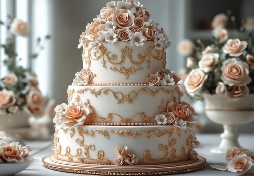 A tiered wedding cake decorated with roses on a blurred background. Selective focus.