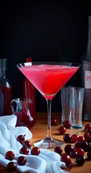 Manhattan cocktail drink in dark background.Party cocktail drink, martini, happy hour of pub or restaurant. Gourmet cherry drink for social event.Vertical format for social media postings.Copy space
