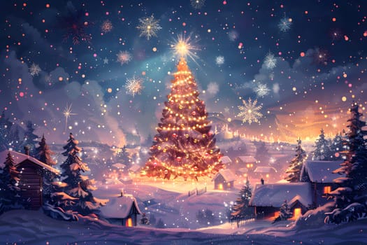 A majestic Christmas tree stands illuminated in the snowy forest under the midnight sky, creating a beautiful natural landscape and a festive atmosphere