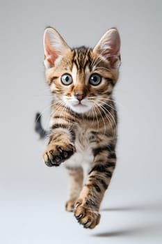A small Felidae carnivore, the kitten is leaping in the air with its whiskers and fur visible on a white background. A terrestrial animal, part of the domestic shorthaired cat species and wildlife