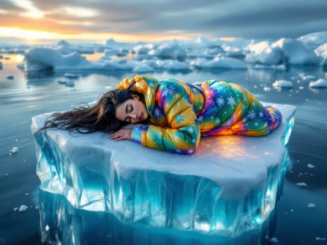 Surreal image of a model sleeping on a melting iceberg, wearing a colorful winter jacket, during sunset. Ai generated
