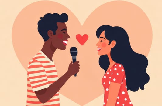 A man with a microphone confesses his love into the microphone and sings a song Heart