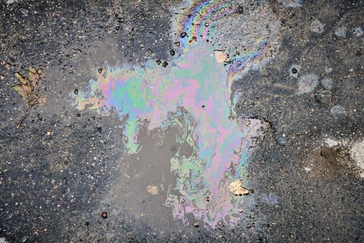 Close-up of shimmering fuel spill on wet asphalt with fallen leaves in autumn time, shot from above