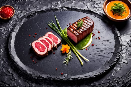 Exquisite steak dish showcasing rich colors and grill marks, elegantly arranged on slate. Ideal for food photography, restaurant menus, and culinary blogs, emphasizing gourmet dining experiences