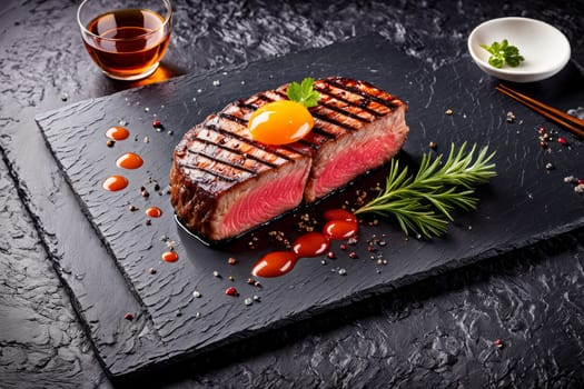 Deliciously cooked steak with grill marks, served on textured slate. Accompanied by colorful sauces and herbs, this image captures gourmet dining experiences, ideal for restaurants and food blogs