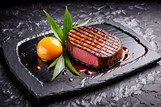 Succulent steak sliced to reveal tender pink center, elegantly plated on dark slate. Drizzled with sauces and adorned with herbs, this image evokes luxury dining, culinary artistry, perfect for menus
