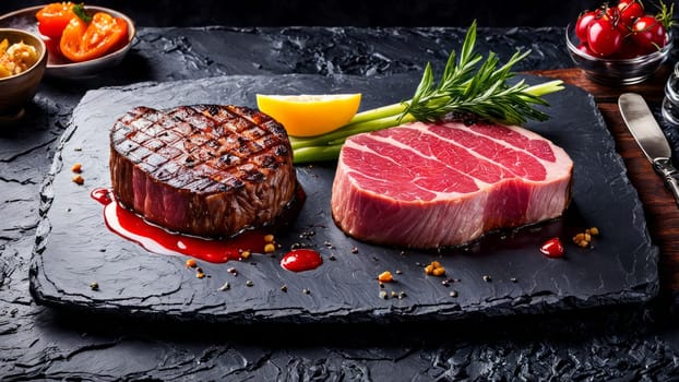 Artistic plating of grilled steak on dark slate, garnished with fresh herbs and vibrant sauces. Captures essence of gourmet cuisine, perfect for culinary showcases, blogs, and menus