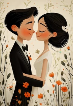 A cartoon illustration of a bride and groom on a cream background. Selective focus.