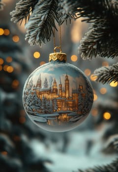 Christmas ball with cityscape on Christmas tree. Selective focus.